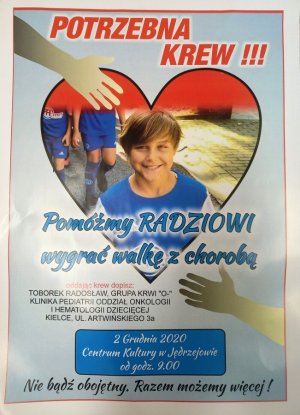 Plakat promujący oddawanie krwi dla chorego Radosława Taborka